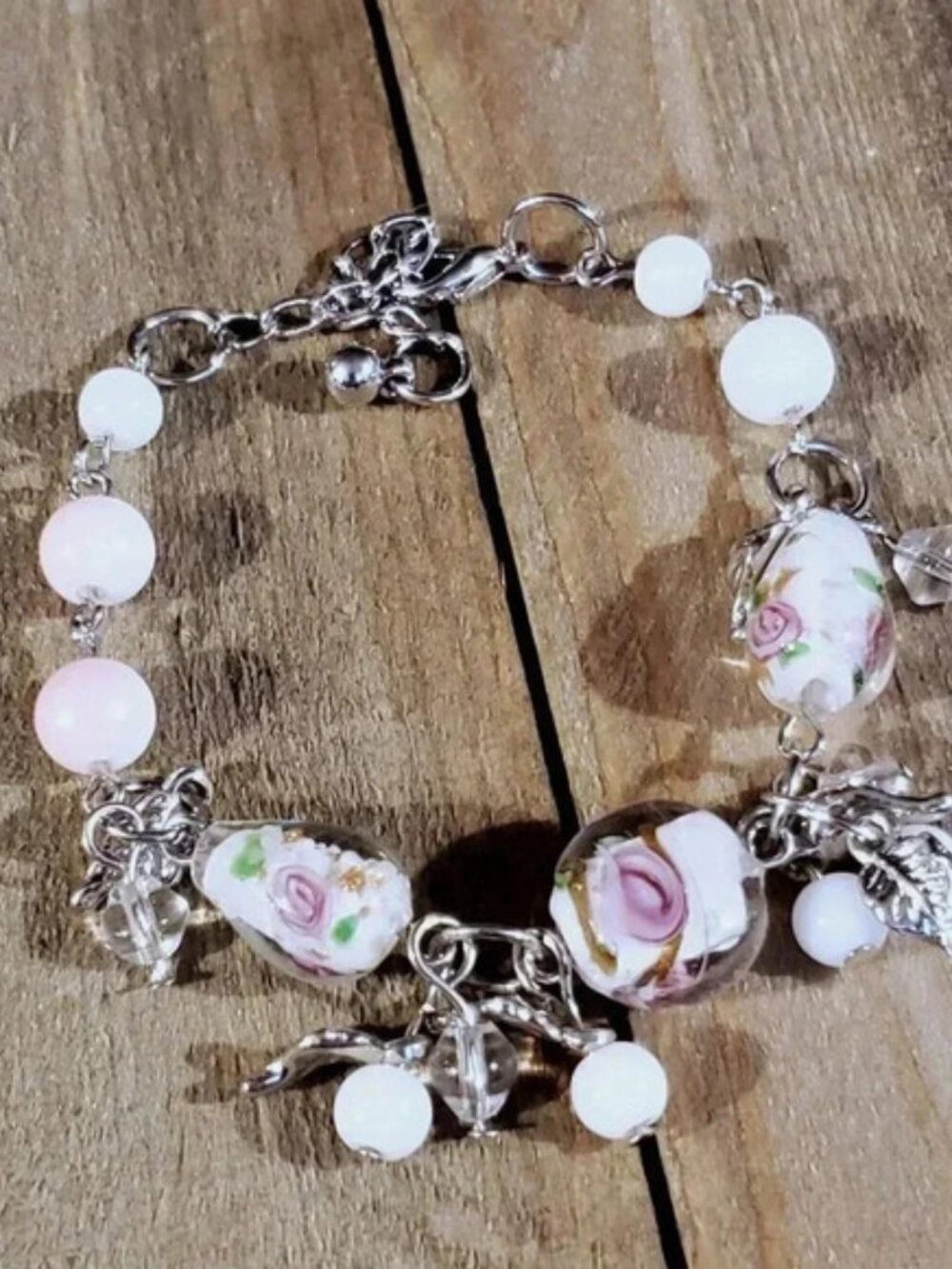 Vintage Murano Glass Beads White Silver Charm Bracelet Style I